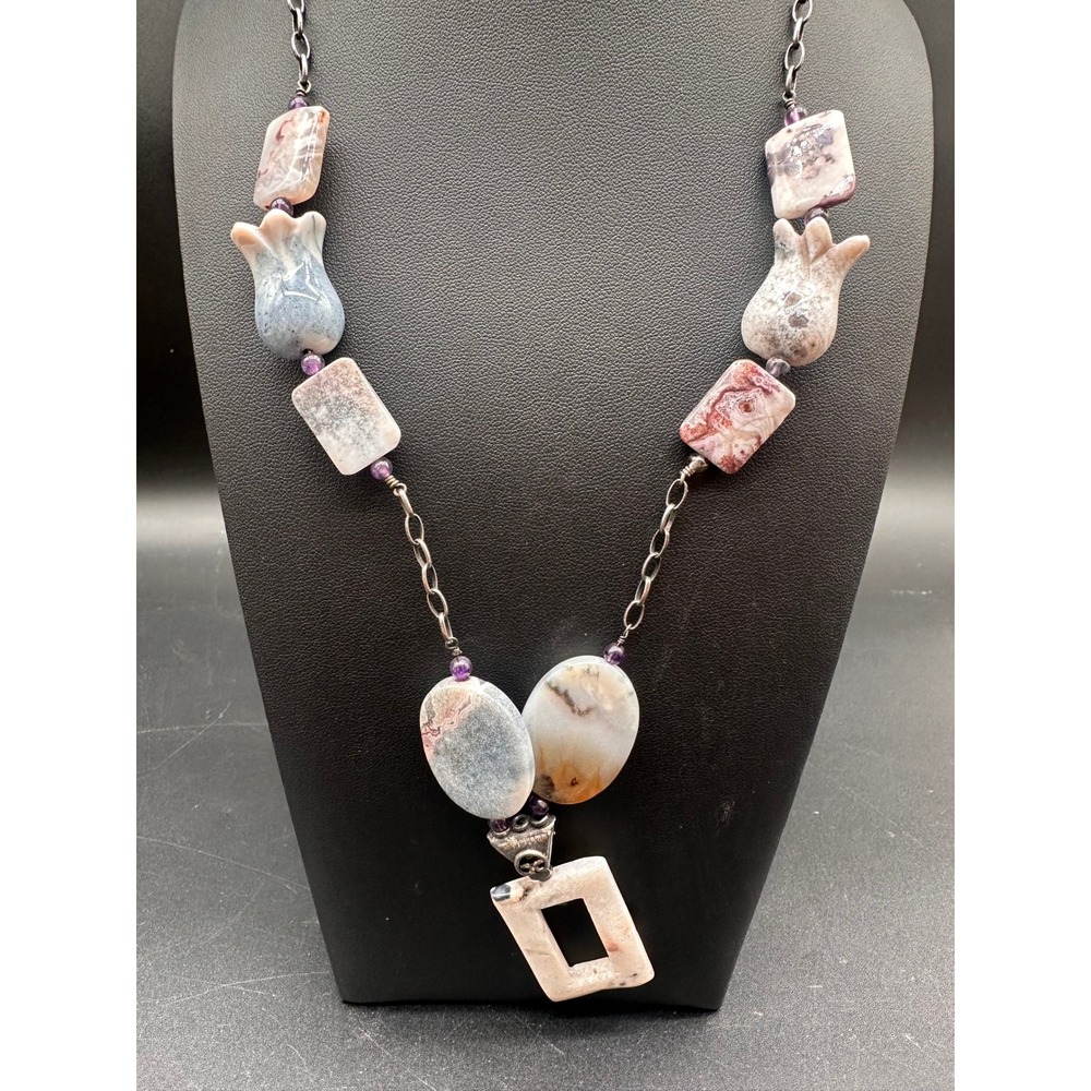 Vintage Agate Stone Necklace Tulip Beads Rectangle Pendant Sterling Clasp 925